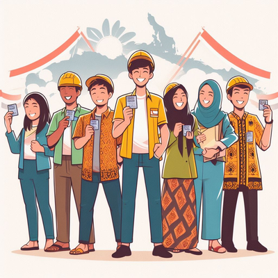 Gambar gaya anime pekerja Indonesia memegang kartu identitas mereka.