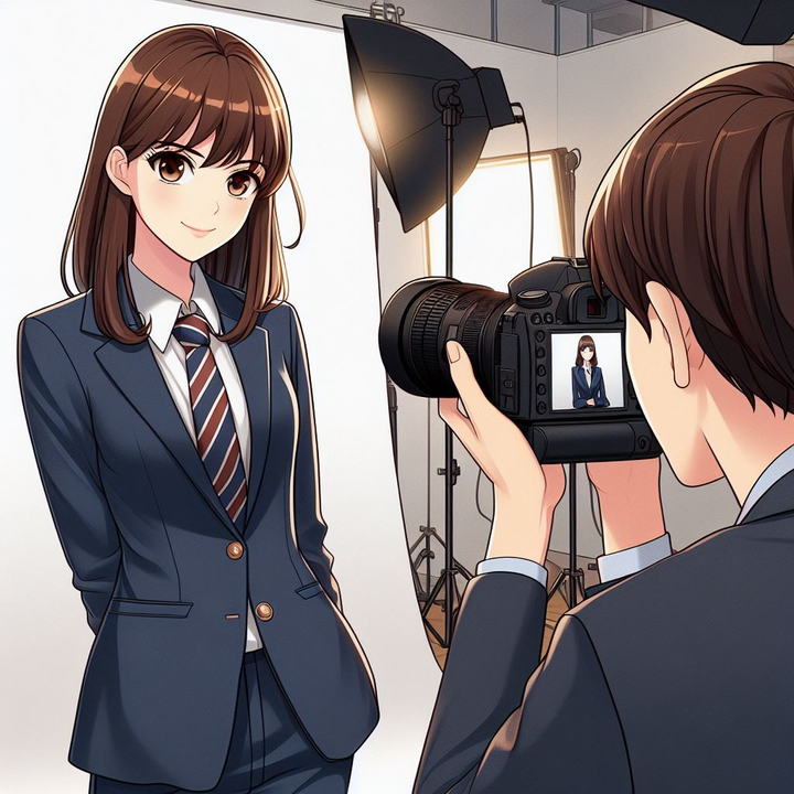 Gambar gaya anime memperlihatkan seorang perempuan sedang dipotret oleh fotografer.