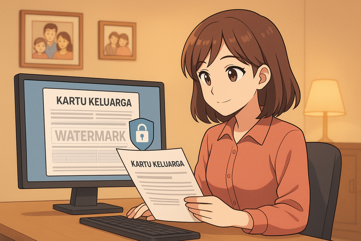 Ilustrasi anime tentang perempuan yang sedang menambahkan watermark pada scan Kartu Keluarga (KK) di laptop.